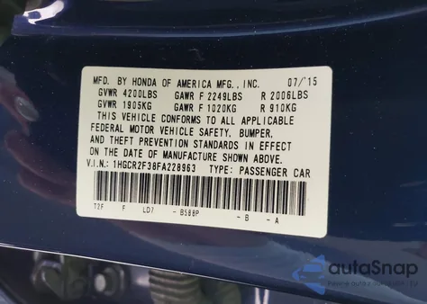 2015 Honda Accord Lx из США, поврежденный, VIN 1HGCR2F38FA228963